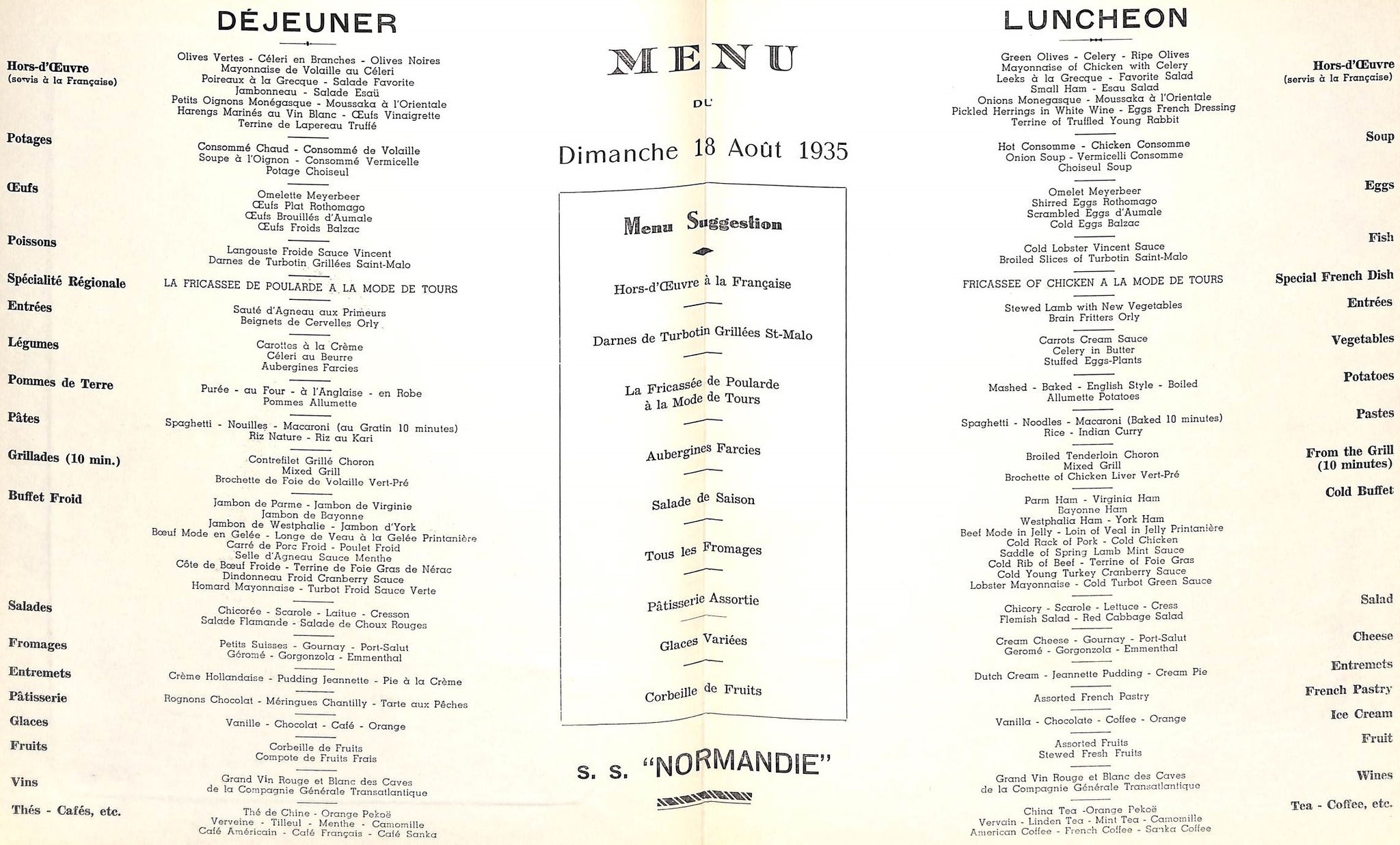 "S.S. 'Normandie' Set x 10 c1935 Transatlantique Menus"