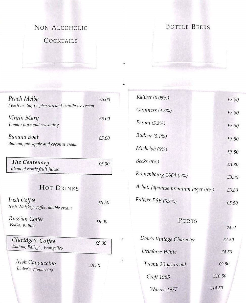 Claridge's London Hotel Cocktail Bar Menu