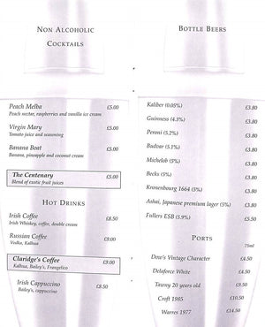 Claridge's London Hotel Cocktail Bar Menu