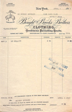 "Brooks Brothers 1917 Invoice"