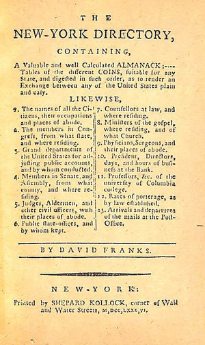 "New York Directory 1786" 1876 FRANKS, David
