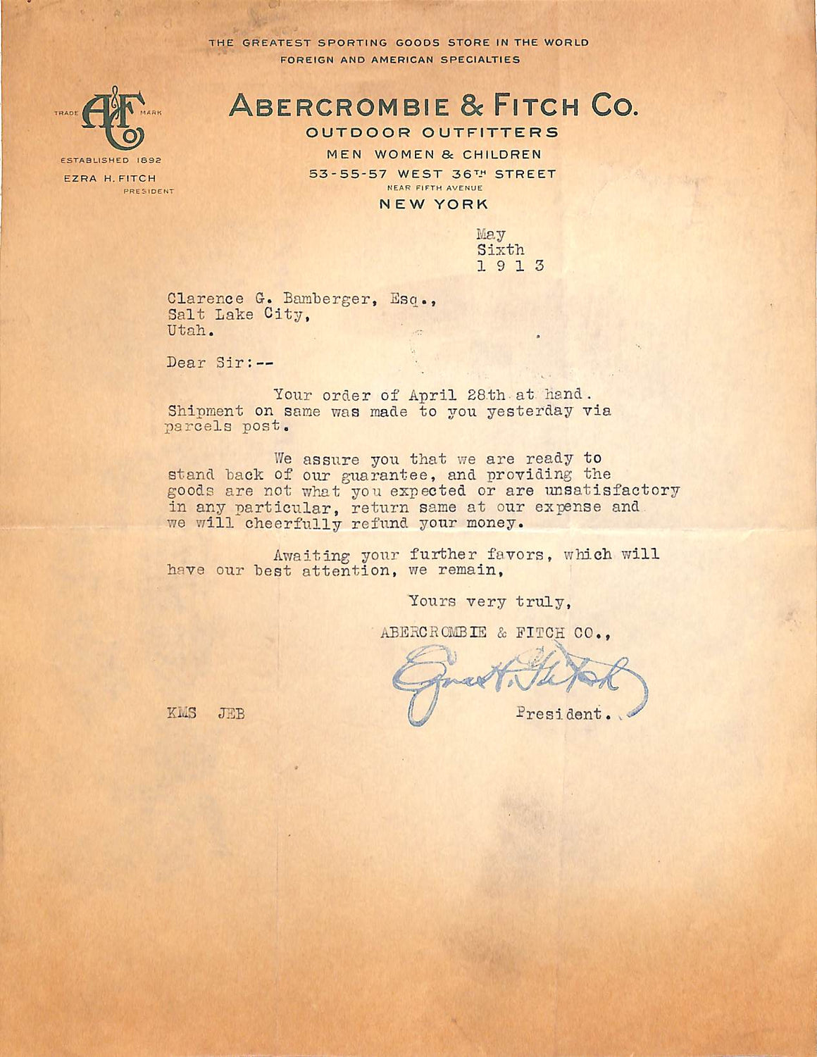 "Abercrombie & Fitch Co. Hand-Typed Letter" Dated May 6, 1913 (SOLD)