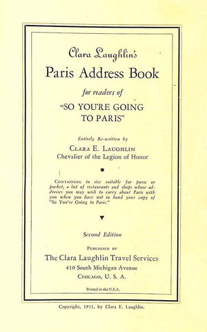 "Clara Laughlin's Paris Address Book" 1931 LAUGHLIN Clara E.