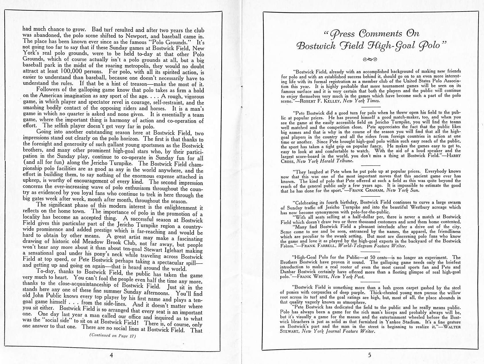 "Bostwick Field Program High Goal Polo" 1938 (SOLD)