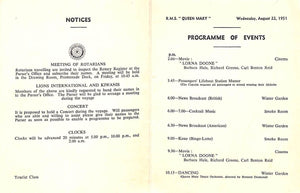 Cunard R.M.S. "Queen Mary" Programme For Today August 22, 1951