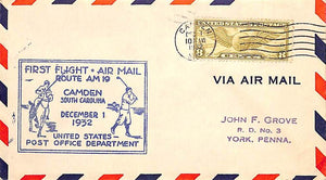 First Flight Air Mail Postmarked Envelope Camden, SC December 1 1932