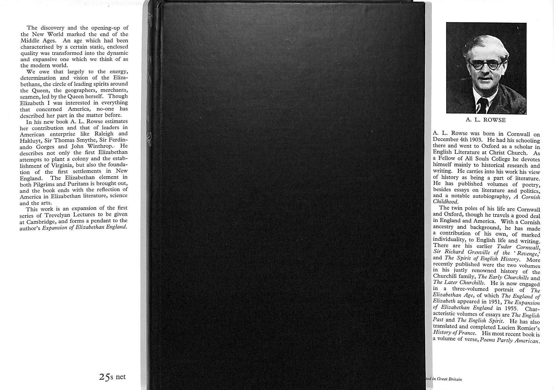 "The Elizabethans And America The Trevelyan Lectures At Cambridge" 1959 ROWSE, A.L.