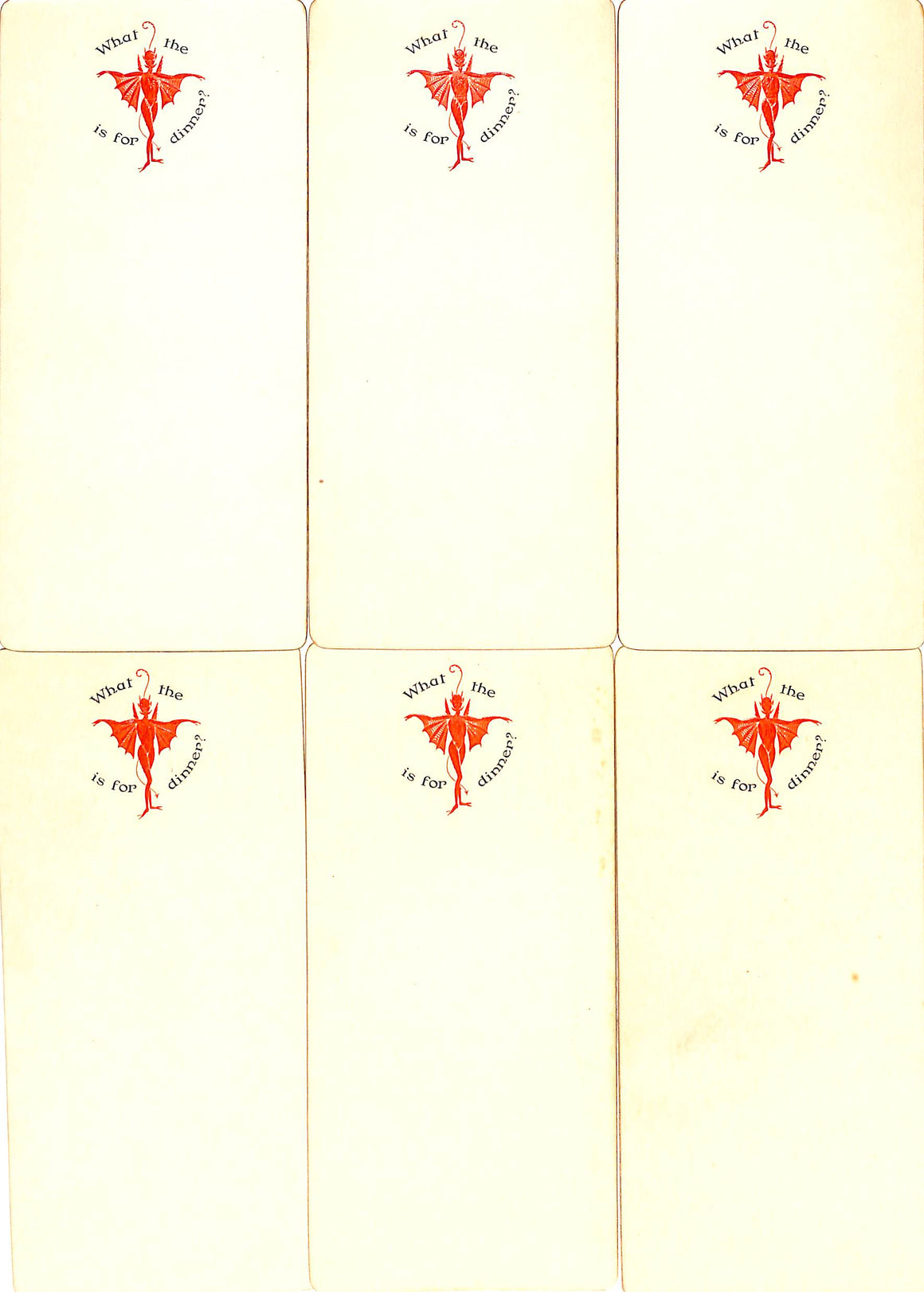 "Set x 6 What The Devil Is For Dinner? c1930s Menu Cards"