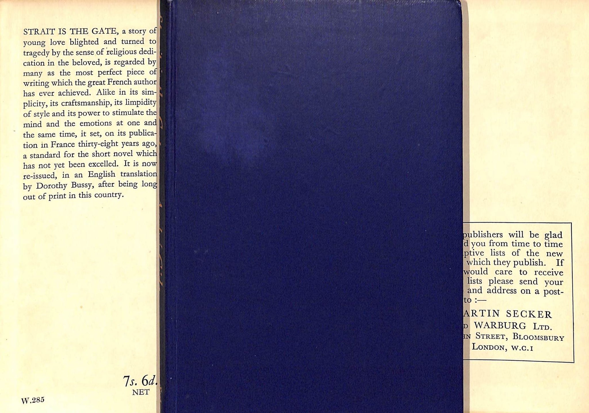 "Strait Is The Gate" 1948 GIDE, Andre