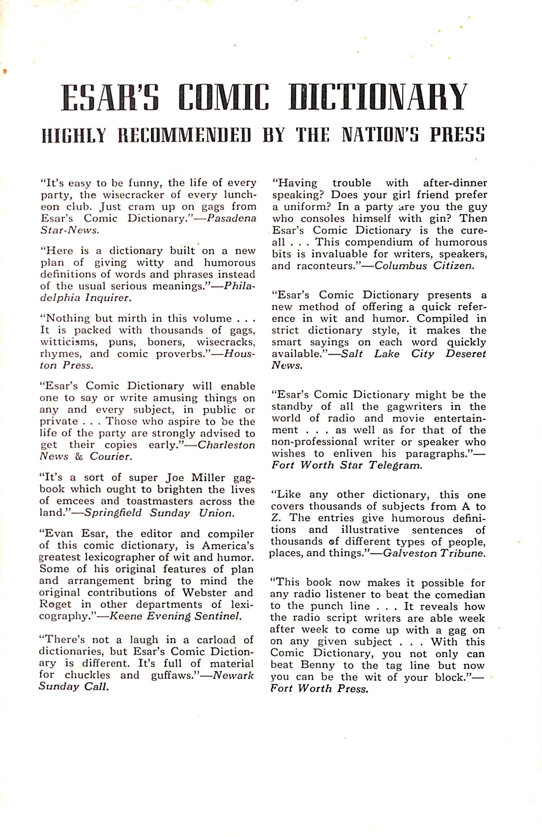 "Esar's Comic Dictionary Of Wit And Humor" 1943 ESAR, Evan