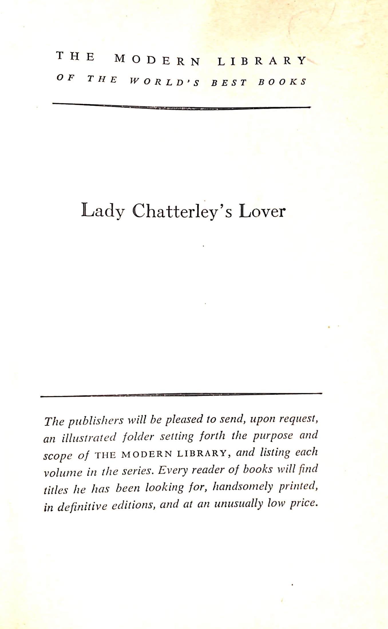 "Lady Chatterley's Lover" 1959 LAWRENCE, D.H.