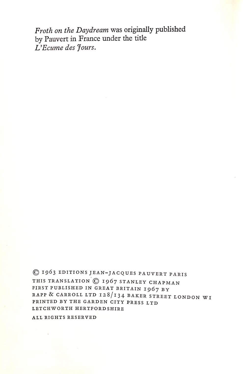 "Froth On The Daydream" 1967 VIAN, Boris