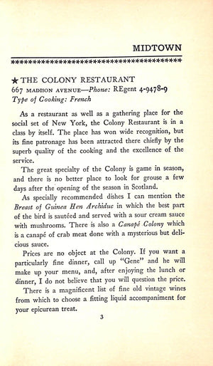 "Dining Out In New York And What To Order" 1939 FOUGNER, G. Selmer