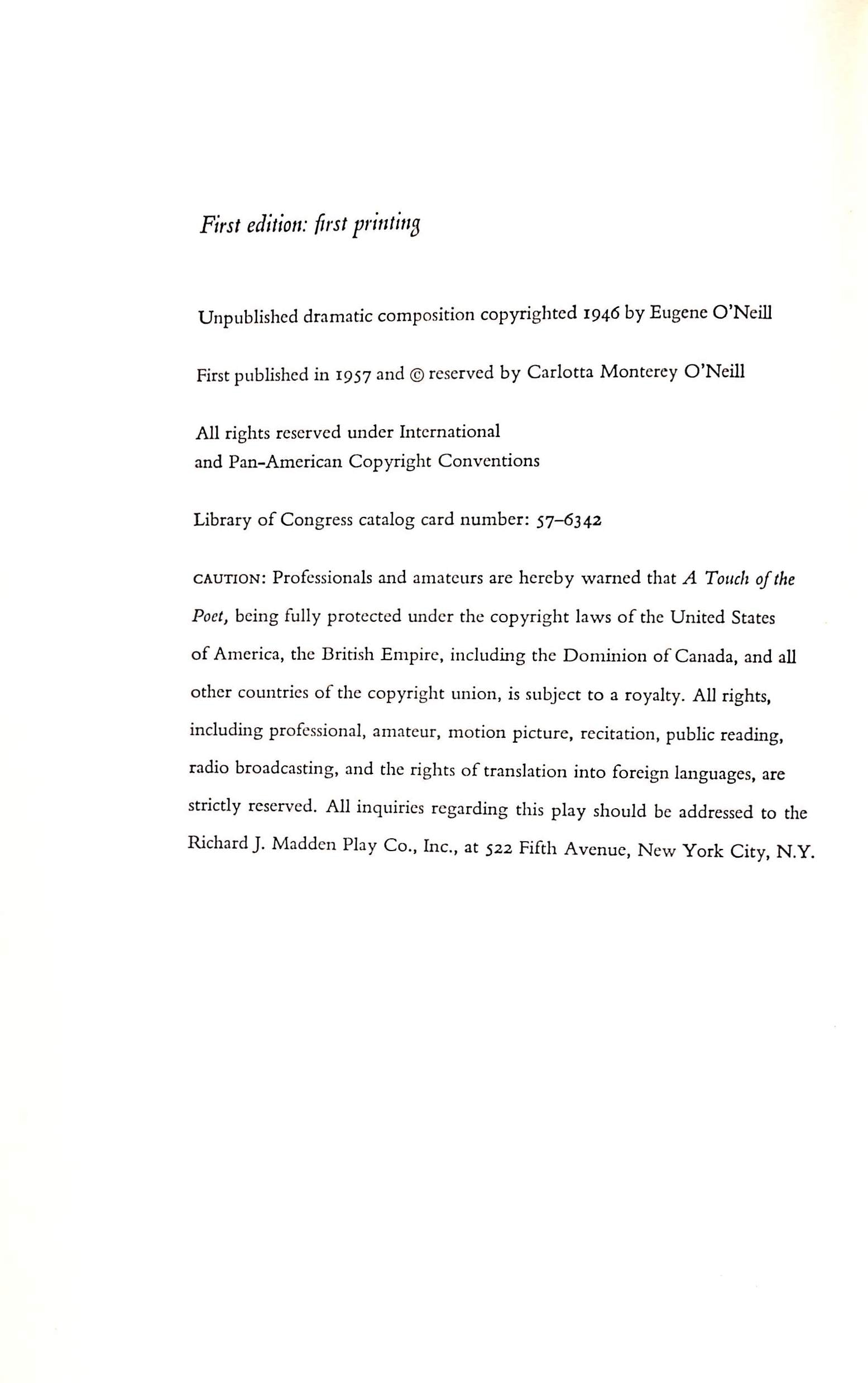 "A Touch Of The Poet" 1957 O'NEILL, Eugene