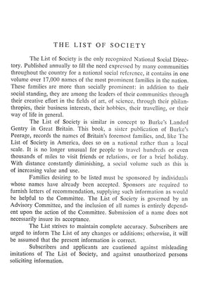 "The List Of Society 1956 The National Society Directory" 1956