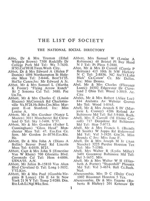 "The List Of Society 1956 The National Society Directory" 1956