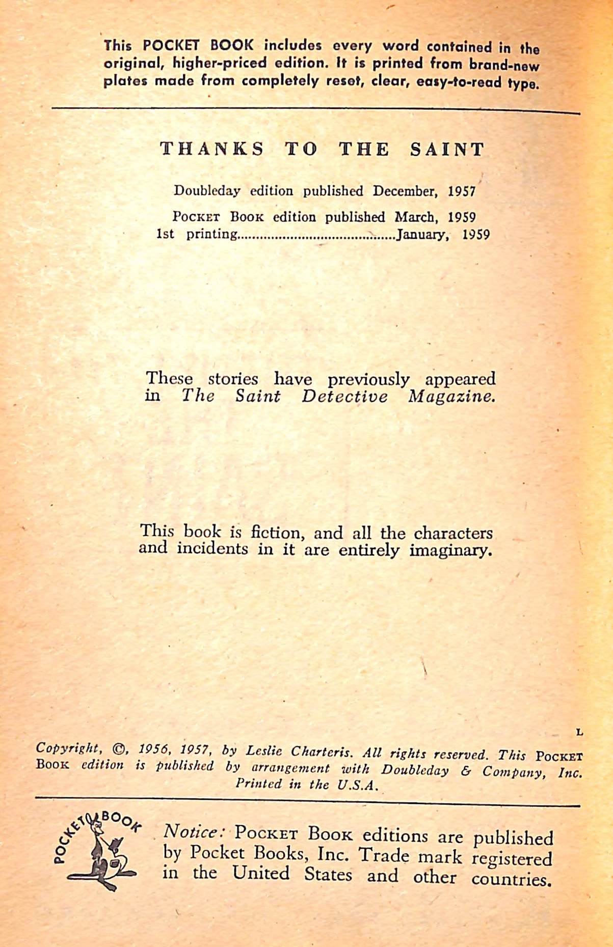"Thanks To The Saint" 1959 CHARTERIS, Leslie