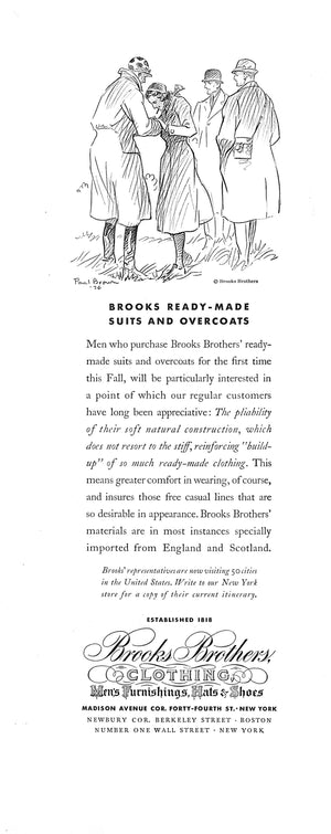 Brooks Brothers Ready-Made Suits And Overcoats 1936 Advert Page w/ Paul Brown Illustration