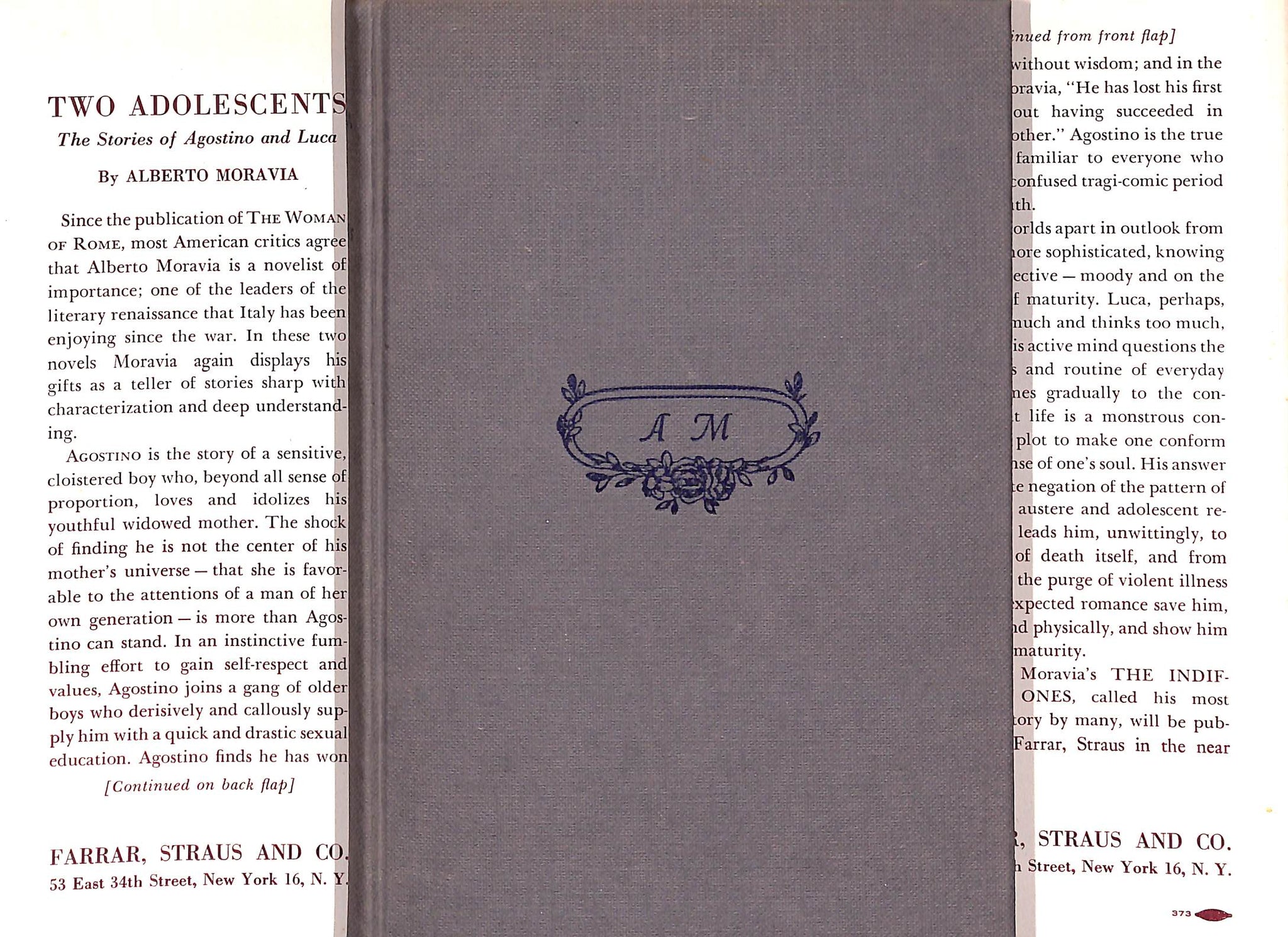 "Two Adolescents The Stories Of Agostino And Luca" 1950 MORAVIA, Alberto