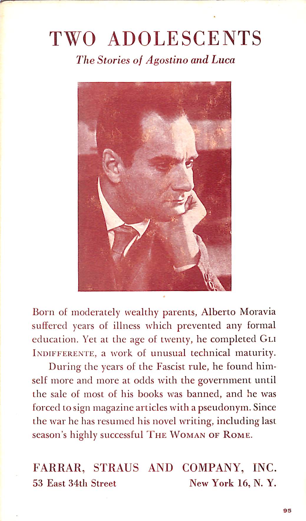 "Two Adolescents The Stories Of Agostino And Luca" 1950 MORAVIA, Alberto