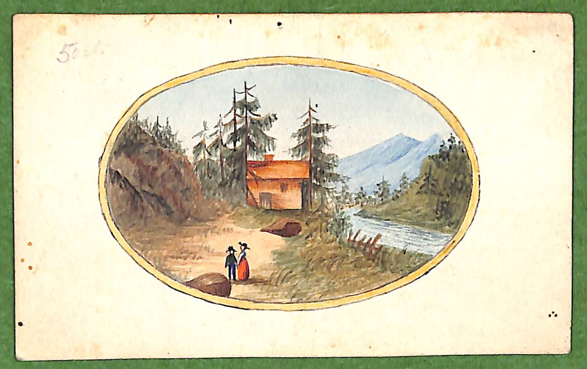 Miniature c1800s Watercolor Mountain Landscape w/ 2 Figures