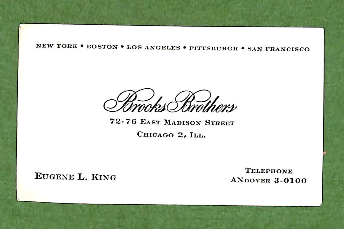 "Brooks Brothers c1960s Clothing Chicago Salesman's Card"
