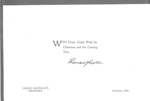 Sir Thomas Lipton Christmas Card Greetings 1922