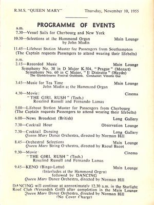 R.M.S. "Queen Mary" Cunard Programme For Today November 10, 1955