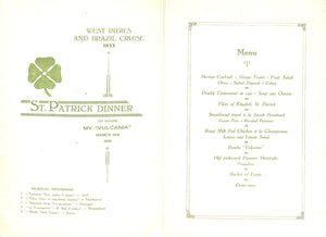 MV. "Vulcania" West Indies And Brazil Cruise: St. Patrick Dinner 1933 Menu Pamphlet