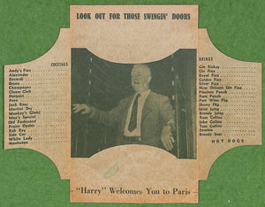 "Look Out For Those Swingin' Doors 'Harry' Welcomes You To Paris Cocktail Menu Card"