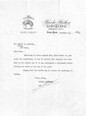 Brooks Brothers Hand-Typed Collection Letter Dated November 21, 1914