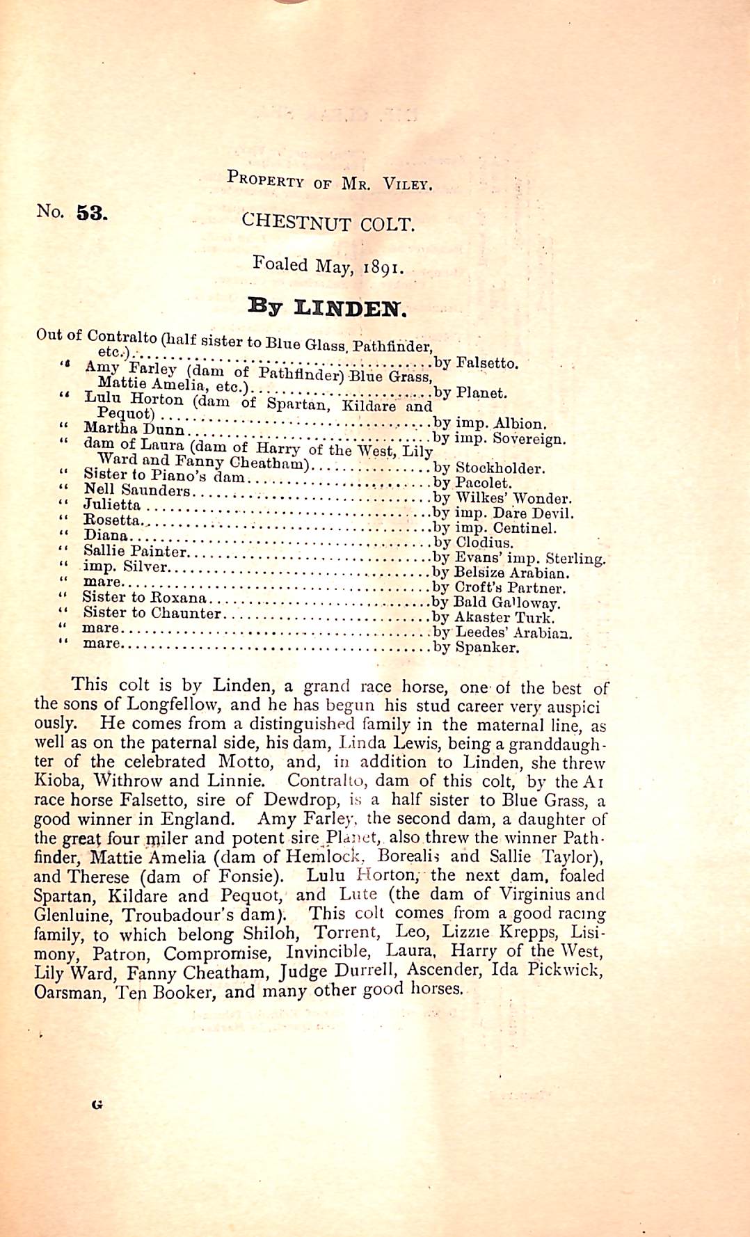 Tattersalls' Third Great Sale Of Thoroughbred Horses To Be Held By Public Auction - October 19, 1892