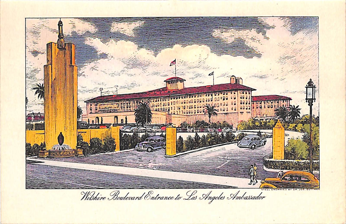 Los Angeles Ambassador Wilshire Boulevard Entrance c1942 Postcard