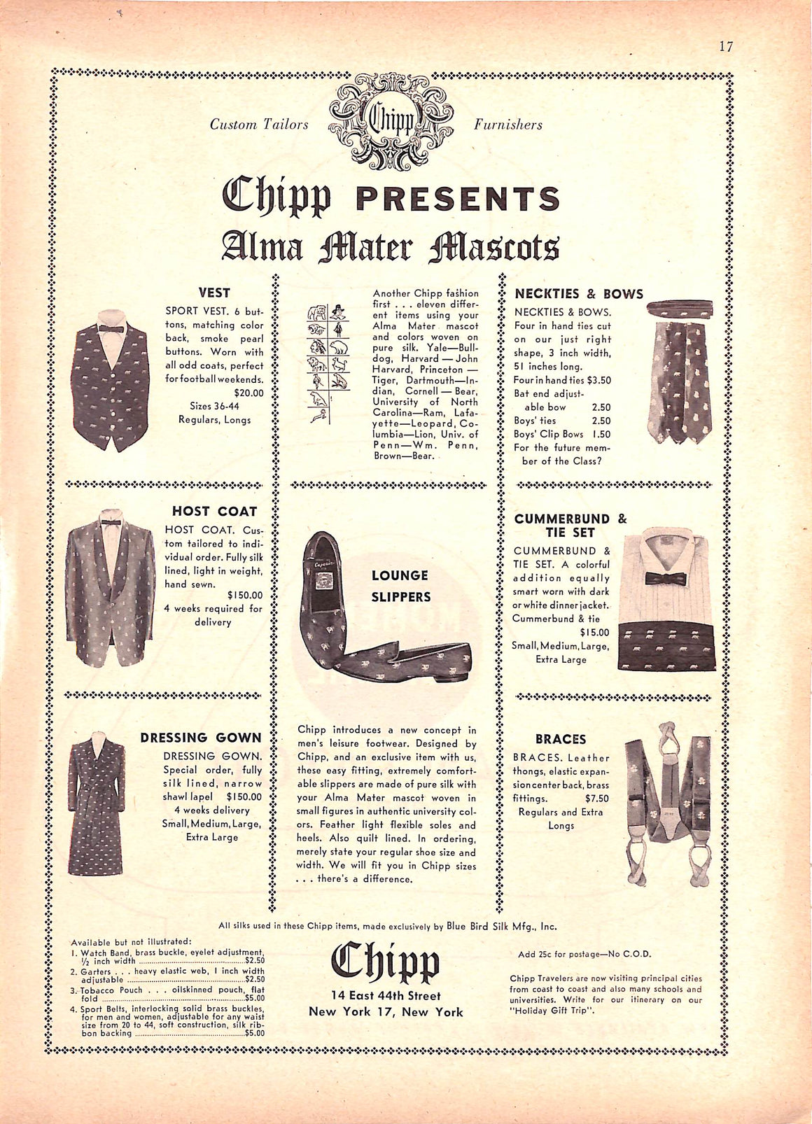 "Chipp Presents Alma Mater Mascots c1953 Advert Page"