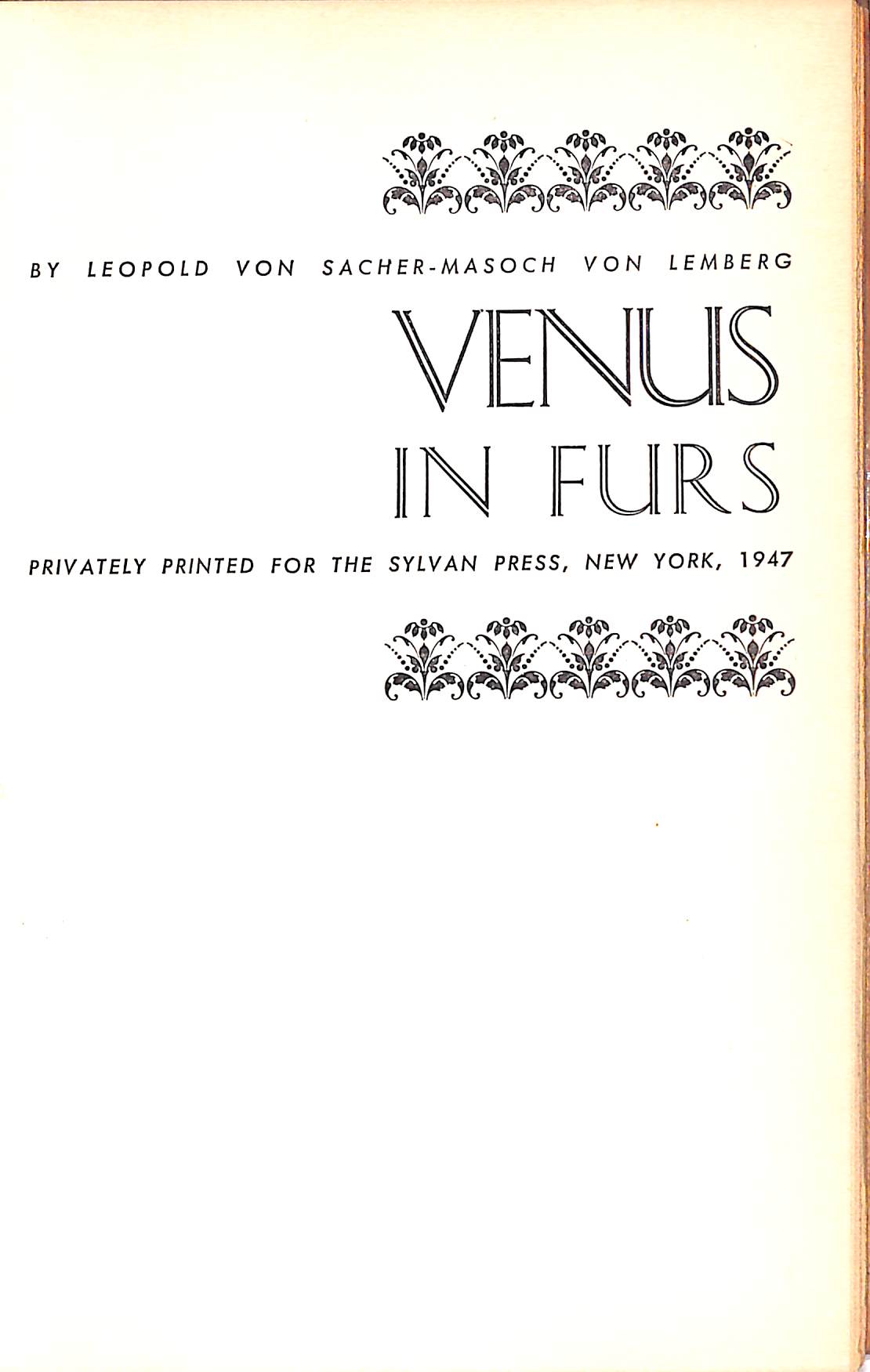 "Venus In Furs" 1947 VON SASHER-MASOCH, Leopold