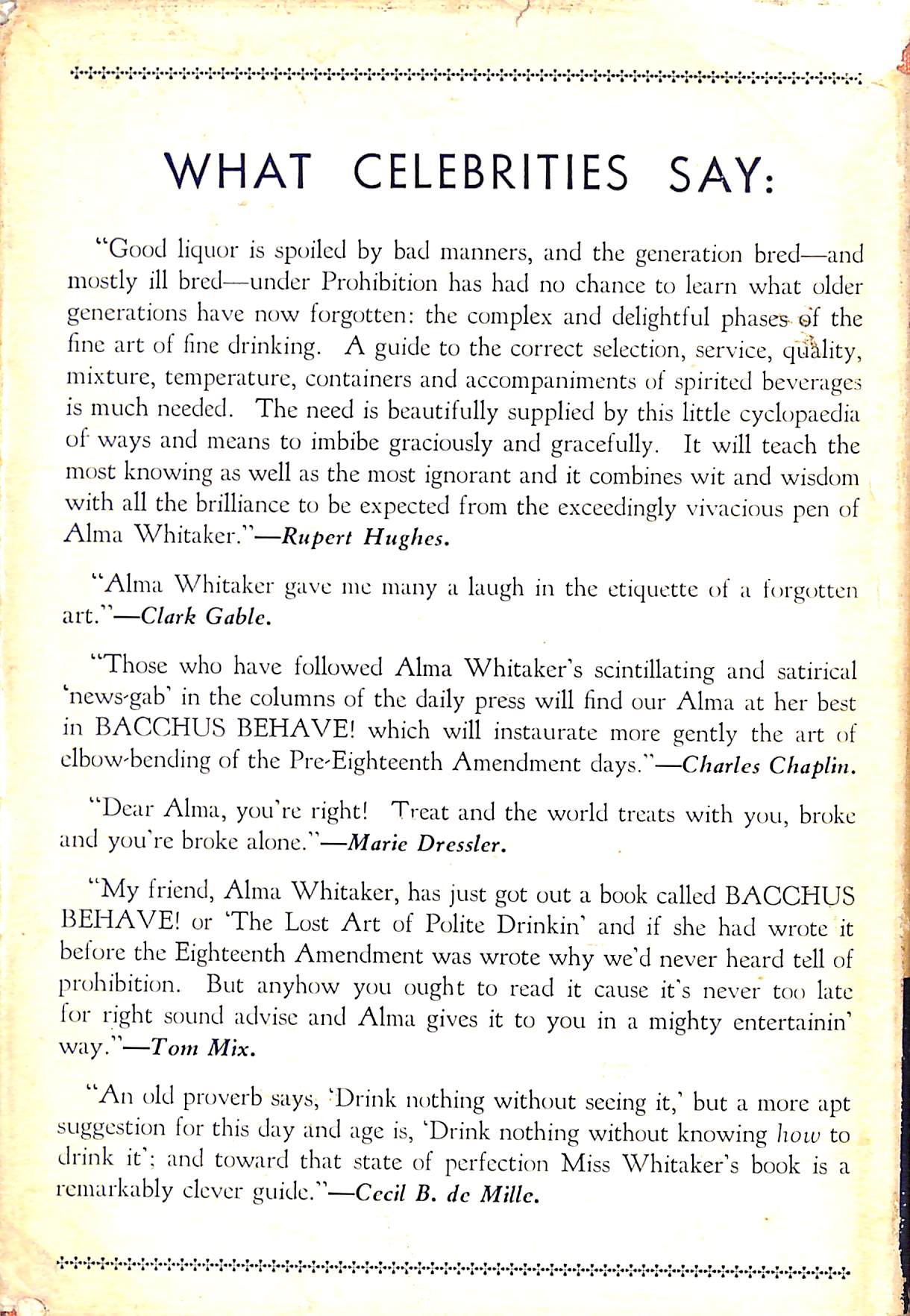 "Bacchus Behave! The Lost Art Of Polite Drinking" 1933 WHITAKER, Alma (INSCRIBED)