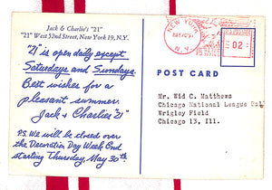 Jack & Charlie's "21" c1957 Postcard