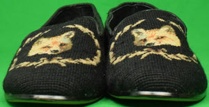 "Needlepoint Black Slippers Embroidered w/ Fox Mask Crest" Sz: 11-1/2 (New!) (SOLD)