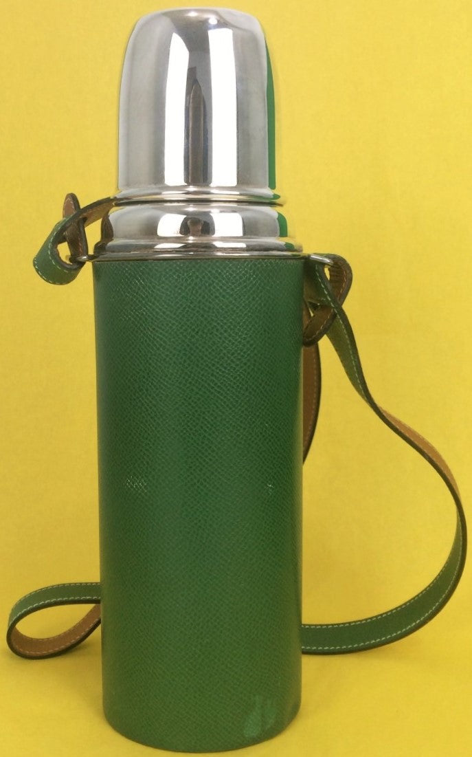Hermes of Paris Saddle Green Leather-Lined Thermos Bottle