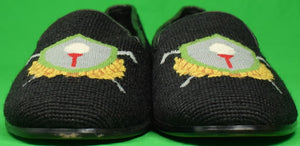 "Needlepoint Black Slippers Embroidered w/ Golf Crest" Sz: 11 (NEW)
