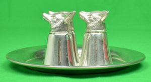 "Set of 4 Fox-Head Stirrup Cups w/ Silver Pewter Tray" (SOLD)