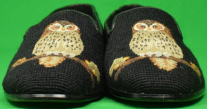 "Needlepoint Black Slippers Embroidered w/ Owls" Sz: 11-1/2 (New) (SOLD)