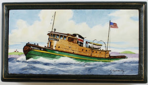 "Russell 15 Tugboat Enamel Lid Cigarette Box Hand-Painted by Frank Vosmansky for Abercrombie & Fitch" (SOLD)