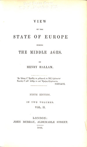 "View Of The State Of Europe During The Middle Ages" 1846 HALLAM, Henry