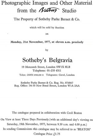 "Photographic Images and Other Material from the Beaton Studio" 1977 Sotheby's Belgravia