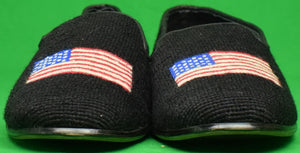 "Needlepoint Black Slippers Embroidered w/ US Flag" Sz: 11-1/2 (NEW)
