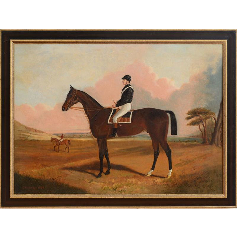 "Chestnut Racehorse w/ Jockey Up" 1874 Oil on Canvas by C. Partridge (SOLD)