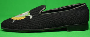 "Needlepoint Black Slippers Embroidered w/ Golf Crest" Sz: 11 (NEW)
