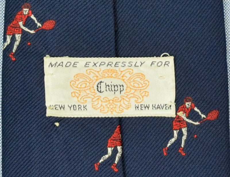 "Chipp Navy Twill Club Tie w/ Red Tennis Player"