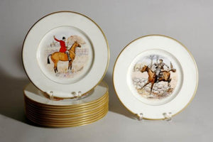 "Set x 2 Paul Brown Lenox China Hand-Painted c1932 Fox-Hunt Scene Dinner Plates"